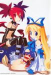  blonde_hair blue_eyes collar demon_tail demon_wings disgaea earrings elbow_gloves etna flonne gloves hair_ribbon harada_takehito highres jewelry laharl long_hair nippon_ichi official_art pointy_ears prinny red_eyes red_hair redhead ribbon tail twintails wings 