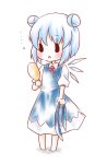  alternate_hairstyle barefoot blue_dress blue_hair blush chibi cirno double_bun dress hair_bun hand_mirror kuromame_(8gou) mirror ribbon solo touhou wings 