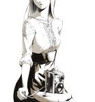  camera fashion floral_print hands head_out_of_frame long_hair monochrome open_mouth original sawasawa skirt solo twin-lens_reflex_camera 