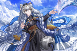  1girl absurdres animal_ear_fluff animal_ears arknights black_dress blue_eyes blue_sky braid breasts bright_pupils closed_mouth commentary_request cowboy_shot dated dress highres long_hair long_sleeves making-of_available medium_breasts mountainous_horizon official_alternate_costume pramanix_(arknights) pramanix_the_prerita_(arknights) signature sky smile snow_leopard_ears snow_leopard_girl snow_leopard_tail solo tail tiara twin_braids very_long_hair white_hair white_pupils yitai_zhi_meng 