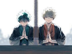  2boys backlighting bad_id bad_pixiv_id bakugou_katsuki black_haori blonde_hair boku_no_hero_academia breath closed_eyes commentary cut_(nifuhami_35) eyebrows_hidden_by_hair facing_viewer freckles furrowed_brow green_hair green_kimono hair_between_eyes hands_up haori haori_himo japanese_clothes kimono long_sleeves male_focus midoriya_izuku multiple_boys orange_kimono outdoors own_hands_together palms_together parted_lips praying rope scar scar_on_hand short_hair shrine side-by-side spiky_hair straight-on upper_body v-shaped_eyebrows white_background wide_sleeves wrinkled_fabric 