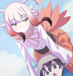  2girls bird_girl bird_tail black_eyes black_hair blush blush_stickers bow bowtie clouds cloudy_sky commentary_request feathers frilled_sleeves frills fur-trimmed_collar fur_trim hair_wings hat hat_feather highres japanese_crested_ibis_(kemono_friends) kaban_(kemono_friends) kemono_friends long_sleeves looking_at_viewer lowlandgorilla messy_hair multicolored_hair multiple_girls open_mouth orange_skirt shirt short_hair sidelocks skirt sky sleeves_past_fingers sleeves_past_wrists smile tail two-tone_hair white_hair white_shirt yellow_eyes 