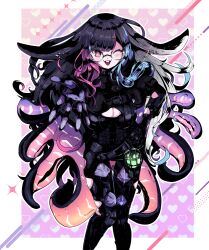 absurdres animal_ear_piercing animal_ears armor black_hair blue_hair breasts cleavage cleavage_cutout ear_piercing glasses gloves highres large_breasts long_hair m_o_m_1_a monster_hunter:_world monster_hunter_(series) nallena_vwolf namielle namielle_(armor) open_mouth piercing pink_hair rabbit_ears teeth white_hair