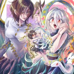  2girls barefoot black_dress black_hair black_skirt blue_sash bone border breasts burn_scar closed_eyes commission dress grey_hair heart highres holding holding_mask hug iwanaga_ariya large_breasts long_hair mask multiple_girls multiple_views niwa_(njy) open_mouth pink_background red_eyes sash scar shirt short_hair skeb_commission skeletal_wings skirt snake torn_clothes torn_dress touhou twitter_username unworn_mask very_long_hair white_border white_shirt wings yuiman_asama yuri 