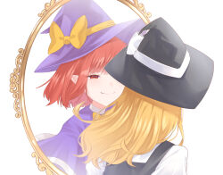  2girls black_hat blonde_hair bow capelet closed_mouth commentary_request different_reflection fang fang_out half-closed_eyes hat hat_bow hat_ribbon highres kirisame_marisa kirisame_marisa_(pc-98) medium_hair milll_77 mirror multiple_girls pointy_ears purple_capelet purple_hat red_eyes red_hair reflection ribbon shirt short_hair smile touhou touhou_(pc-98) upper_body white_background white_ribbon white_shirt witch_hat yellow_bow yellow_ribbon 