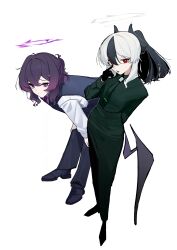  2girls absurdres alternate_costume amagasa_mike bent_over black_gloves black_hair black_pants black_shirt black_shoes black_vest blue_archive collared_shirt dress_shirt finger_to_face gloves grey_halo halo hands_on_own_knees haruka_(blue_archive) haruka_(suit)_(blue_archive) highres kayoko_(blue_archive) looking_at_viewer low_wings multicolored_hair multiple_girls necktie official_alternate_costume pants ponytail purple_hair purple_halo purple_necktie purple_wings shirt shoes short_ponytail simple_background single_wing suit_pants tongue tongue_out two-tone_hair vest violet_eyes white_background white_hair white_shirt wings 