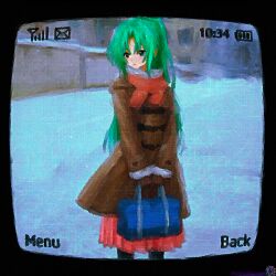  1girl bag blue_bag brown_coat coat english_commentary green_eyes green_hair highres higurashi_no_naku_koro_ni holding holding_bag kristianmaksak5 long_sleeves red_scarf red_skirt scarf skirt solo sonozaki_mion 