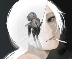  1girl artist_name black_background black_necktie black_pants black_shoes brown_eyes chainsaw_man cigarette closed_mouth collared_shirt commentary english_commentary eyepatch grey_hair highres holding holding_sword holding_weapon jacket katana long_hair necktie pants ponytail quanxi_(chainsaw_man) seki_31_(artist) shirt shoes smoke smoke_trail smoking suit suit_jacket sword weapon white_hair white_shirt 