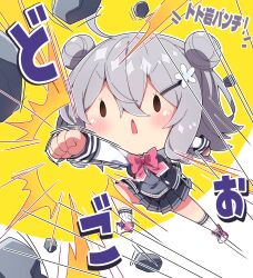  1girl absurdres black_skirt black_vest blush bow bowtie brown_eyes cevio chibi chibi_only clenched_hand commentary_request double-parted_bangs double_bun double_horizontal_stripe full_body grey_hair grey_sweater hair_between_eyes hair_bun hair_ornament hairclip highres koharu_rikka long_sleeves milkpanda miniskirt motion_lines open_clothes open_mouth open_vest outline outstretched_arm pink_bow pink_bowtie pink_shoes pleated_skirt punching rock shirt shoes short_hair skirt sneakers socks solo sweater synthesizer_v translation_request v-shaped_eyebrows vest white_outline white_shirt white_socks yellow_background 