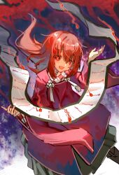  1girl checkered_clothes checkered_kimono commentary_request dark_persona green_skirt hair_between_eyes highres japanese_clothes kimono long_hair long_sleeves motoori_kosuzu motoori_kosuzu_(possessed) open_mouth possessed red_eyes red_hair red_kimono scroll shouxishao_jiuyuan skirt smile solo touhou two-tone_kimono white_kimono wide_sleeves 