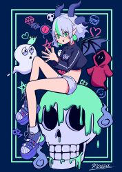  1girl absurdres apricot_the_lich apricot_the_lich_(goth) bat_(animal) black_sweater blue_background commentary cropped_sweater demon_girl demon_horns demon_wings ghost green_eyes green_hair highres horn_piercing horns indie_virtual_youtuber mozzu123 multicolored_hair multiple_horns navel one-eyed open_mouth pentagram pointy_ears purple_horns shorts sitting skull slime_(substance) streaked_hair sweater virtual_youtuber vshojo white_shorts wings 
