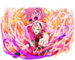  1girl bike_shorts black_shorts blue_boots boots clenched_hands dress forehead_protector forehead_writing green_eyes haruno_sakura incoming_attack incoming_punch konohagakure_symbol looking_at_viewer multiple_views naruto_(classic) naruto_(series) naruto_shippuuden:_ultimate_ninja_blazing official_art open-toe_boots open_mouth pink_dress pink_hair punching short_hair short_sleeves shorts teeth 