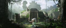  1boy 2204design 3d black_boots blender_(medium) boots borrowed_design brown_cloak cloak clouds cloudy_sky commentary day dr._eggman english_commentary furry gloves goggles goggles_on_head grass hedgehog_boy male_focus moss outdoors overgrown plant rock rubble ruins scenery silver_the_hedgehog sky solo sonic_(series) stairs standing statue sword tree vines weapon white_fur white_gloves 