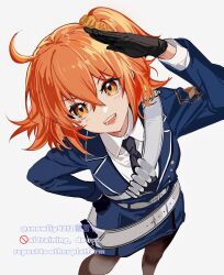  1girl belt black_gloves black_necktie blue_coat brown_pantyhose coat fate/grand_order fate_(series) fujimaru_ritsuka_(female) fujimaru_ritsuka_(female)_(clan_calatin) gloves hair_ornament hair_scrunchie hand_on_own_hip highres lapels light_blush long_sleeves necktie notched_lapels open_mouth orange_eyes orange_hair pantyhose salute sash scrunchie smile solo white_belt wing_collar xue_xuezi_snowlily 