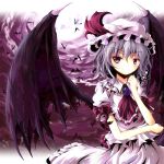  bad_id bat bat_wings blue_hair brooch dress full_moon hand_on_own_face hand_to_face hat hat_ribbon highres jewelry moon pink_dress red_eyes remilia_scarlet ribbon smile solo tamago_gohan touhou wings 