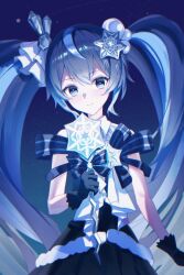  1girl absurdres aqua_hair asymmetrical_legwear black_gloves blue_dress blue_eyes blue_hair blue_skirt blush closed_mouth commentary crystal_hair_ornament detached_collar dress gloves hair_between_eyes hair_ornament hatsune_miku highres holding holding_wand long_hair looking_at_viewer moboireach official_alternate_costume official_alternate_hairstyle pleated_skirt skirt smile snowflake_hair_ornament snowflake_print solo twintails very_long_hair vocaloid wand white_hair yuki_miku yuki_miku_(2025) 