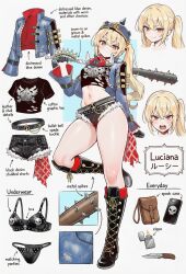 1girl character_sheet long_hair luciana_de_montefio short_shorts side_ponytail spiked_club underwear weapon zenless_zone_zero