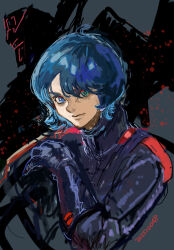  1boy 2025 alternate_color alternate_universe angry bad_end blue_eyes blue_hair commentary_request dated evil_eyes evil_smile gloves gundam highres holding_own_hand kamille_bidan looking_at_viewer mecha mecha_pilot_suit military_rank_insignia mobile_suit normal_suit_(gundam) okrdisk2000 portrait robot science_fiction signature smile titans_(gundam) upper_body v-fin zeta_gundam zeta_gundam_(mobile_suit) 
