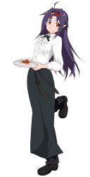  1girl ahoge alternate_costume apron asagi501 black_pants black_ribbon black_shoes breasts collared_shirt commentary_request food full_body grey_apron grin hair_intakes hairband highres holding holding_food holding_tray leg_up loafers long_hair looking_at_viewer neck_ribbon pants parted_bangs pointy_ears purple_hair red_eyes red_hairband ribbon shirt shoes sidelocks simple_background small_breasts smile solo standing standing_on_one_leg straight_hair sword_art_online three-quarter_sleeves tray waist_apron white_background white_shirt wing_collar yuuki_(sao) 