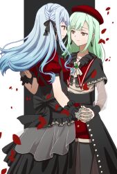  2girls animal_ears ascot back_bow bang_dream! bang_dream!_it's_mygo!!!!! beret black_bow black_capelet black_pantyhose black_ribbon black_skirt blue_hair bow breasts capelet closed_mouth commentary_request commission eye_contact gloves green_hair grey_gloves hair_ribbon hat highres long_hair looking_at_another medium_breasts mortis_(bang_dream!) mortis_(costume)_(bang_dream!) multiple_girls oblivionis_(bang_dream!) pantyhose pantyhose_under_shorts pixiv_commission red_hat red_shirt red_shorts ribbon see-through_clothes see-through_sleeves shirt shorts shorts_under_skirt showgirl_skirt sidelocks skirt togawa_sakiko wakaba_mutsumi white_ascot yuri yuyu_(oiun461) 