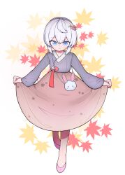  1girl absurdres animal_bag autumn_leaves bag blue_eyes brown_skirt closed_mouth commentary_request flower full_body gosegu grey_shirt hair_between_eyes hair_flower hair_ornament hh highres holding_own_skirt leaf long_sleeves looking_at_viewer pink_shoes print_skirt rabbit_bag shirt shoes short_hair shoulder_bag skirt smile solo star_(symbol) star_print virtual_youtuber waktaverse white_bag white_hair 