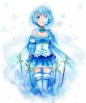  bad_id bare_shoulders blue_eyes blue_hair cape covering covering_eyes covering_face gloves glowing highres kurone_roku magical_girl mahou_shoujo_madoka_magica miki_sayaka petals short_hair solo sword tears thigh-highs thighhighs weapon white_gloves white_legwear white_thighhighs zettai_ryouiki 