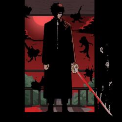  1boy black_hair blood blood_on_weapon broken broken_sword broken_weapon coat enten_(sword) fish flying_fish full_body goldfish holding holding_sword holding_weapon jacket kagurabachi katana long_sleeves male_focus partially_shaded_face red_eyes rokuhira_chihiro scar scar_on_cheek scar_on_face short_hair solo sword wanderjegson weapon 