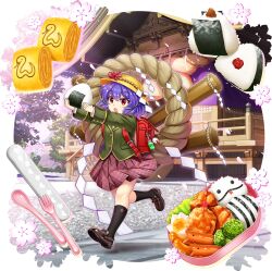  1girl aged_down alternate_costume backpack bag bag_charm black_socks brown_shoes building charm_(object) food food_request fork full_body game_asset green_jacket hat highres holding holding_food jacket kneehighs loafers long_sleeves medium_hair moriya_shrine official_art omelet onbashira onigiri open_mouth pink_skirt pleated_skirt purple_hair randoseru red_bag red_eyes rope rotte_(1109) school_uniform shaded_face shide shimenawa shoes simple_background skirt smile socks solo spoon tamagoyaki third-party_source touhou touhou_lostword transparent_background yasaka_kanako yasaka_kanako_(moriya's_official_tiny_god) yellow_hat 