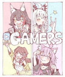  4girls ahoge animal_ear_fluff animal_ears fox_ears hair_between_eyes hololive hololive_gamers inugami_korone ken_(houndscombat) long_hair multicolored_hair multiple_girls nekomata_okayu ookami_mio shirakami_fubuki streaked_hair virtual_youtuber wolf_ears wolf_girl 