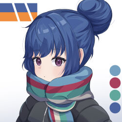  1girl black_jacket blue_hair blue_scarf brown_scarf closed_mouth color_guide commentary_request down_jacket expressionless green_scarf hair_bun highres huge_hair_bun jacket looking_at_viewer portrait red_scarf scarf shima_rin single_hair_bun solo striped_clothes striped_scarf violet_eyes white_background yurucamp zhimo0506 