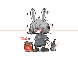  1girl ahoge animal_ears black-framed_eyewear black_thighhighs bucket cardiogram chibi cleaver closed_mouth commentary_request full_body glasses grey_hair grey_shirt highres kneeling looking_at_viewer no_shoes original rabbit_ears red_eyes ringed_eyes sea_urchin shadow shirt short_eyebrows short_sleeves simple_background solo sparkle thick_eyebrows thigh-highs trembling uni_souchou vorpal_bunny white_background 