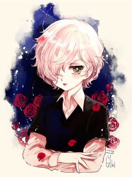  1boy bishounen blonde_hair crossed_arms flower gilbert_cocteau green_eyes hair_over_one_eye kaze_to_ki_no_uta male_focus maruino red_flower red_lips red_rose rose short_hair solo upper_body 