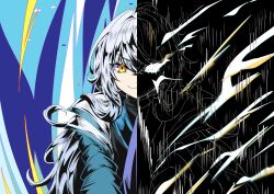  >:) 1girl absurdres black_shirt blue_jacket closed_mouth commentary_request commission eiyuu_densetsu gabu_gabugabuga grey_hair hair_between_eyes highres jacket kuro_no_kiseki_(series) kuro_no_kiseki_ii looking_at_viewer orange_eyes shirt shizuna_rem_misurugi smile solo split_theme upper_body v-shaped_eyebrows 