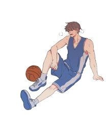  1boy ball basketball_(object) basketball_jersey basketball_uniform blue_shorts blue_tank_top brown_eyes brown_hair garbage_time highres jersey ki_sangho looking_to_the_side male_focus mole mole_under_eye shoes shorts simple_background sitting solo sportswear suugi0 sweat tank_top very_sweaty white_background white_shoes 