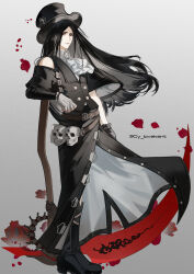  1other absurdres androgynous arm_rest ascot asymmetrical_gloves asymmetrical_sleeves black_boots black_gloves black_hair black_hat black_skirt black_vest blood boots compression_sleeve cy_lovekent expressionless fingerless_gloves floating_hair from_side full_body gloves gradient_background grey_background guilty_gear guilty_gear_strive hat highres long_hair long_skirt looking_at_viewer other_focus red_eyes scythe simple_background single_bare_shoulder skirt skull skull_ornament solo testament_(guilty_gear) top_hat twitter_username vest white_ascot white_gloves wing_collar 