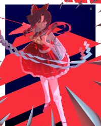  1girl absurdres ascot brown_hair dagger detached_sleeves hair_ribbon hakurei_reimu hfsean2 highres knife long_hair red_eyes red_ribbon ribbon sidelocks solo spell_card touhou weapon wide_sleeves yellow_ascot 