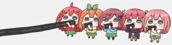  5girls :3 akino_ell black_pantyhose black_ribbon black_shoes blue_eyes blue_sweater blush brown_hair closed_mouth commentary_request food go-toubun_no_hanayome green_ribbon green_skirt grey_background hair_ribbon holding holding_food jacket long_hair makizushi multiple_girls nakano_ichika nakano_itsuki nakano_miku nakano_nino nakano_yotsuba open_clothes open_jacket orange_hair pantyhose pink_hair pleated_skirt purple_hair purple_jacket red_hair ribbon shirt shoes simple_background skirt socks sushi sweater sweater_vest two_side_up v-shaped_eyebrows very_long_hair white_shirt white_socks 