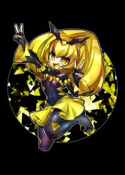  1girl bad_end_peace bad_end_precure black_background black_bodysuit blonde_hair bodysuit commentary_request double_v english_commentary fingerless_gloves gloves mixed-language_commentary open_mouth precure senmu_(0107) simple_background smile smile_precure! solo v yellow_eyes 
