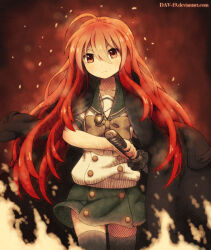  1girl ahoge black_jacket black_thighhighs blue_skirt bow bowtie commentary cowboy_shot dav-19 fire holding holding_sword holding_weapon jacket katana long_hair looking_at_viewer open_clothes open_jacket red_eyes red_hair school_uniform serafuku shakugan_no_shana shana shirt skirt solo standing sword thigh-highs very_long_hair weapon web_address white_shirt yellow_bow yellow_bowtie zettai_ryouiki 