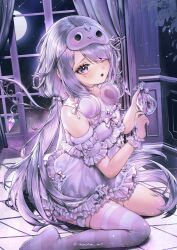  1girl absurdres chenchen commentary_request curtains gem hair_over_one_eye headphones headphones_around_neck highres hololive hololive_english jewel_under_eye koseki_bijou koseki_bijou_(pebble_pajamas) long_hair looking_at_viewer mask mask_on_head moon nightgown official_alternate_costume purple_gem purple_hair purple_nightgown purple_thighhighs sitting sleep_mask solo thigh-highs violet_eyes virtual_youtuber wariza window 