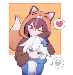 2girls absurdres animal_ears animal_hood blue_eyes blush brown_hair closed_mouth commentary_request double-parted_bangs fake_animal_ears fake_tail fox_hood gosegu hair_between_eyes hair_ornament heart hh highres hood jururu looking_at_another looking_at_viewer multiple_girls one_eye_closed onesie pink_eyes short_hair smile spoken_heart spoken_squiggle squiggle tail waktaverse white_hair x_hair_ornament 
