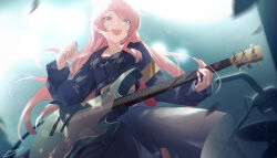  1girl absurdres animal_ears bang_dream! bang_dream!_it's_mygo!!!!! chihaya_anon chinese_commentary commentary_request electric_guitar grey_eyes guitar highres holding holding_guitar holding_instrument holding_plectrum instrument long_hair long_sleeves midriff open_mouth partial_commentary pink_hair plectrum skirt solo teeth upper_teeth_only white_skirt xiao_sa_(hayatekkk) 