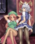  2girls alternate_eye_color ass black_panties crossed_legs fishnet_pantyhose fishnets highres hong_meiling houtengeki izayoi_sakuya legs legs_crossed lingerie long_legs multiple_girls panties panties_under_pantyhose pantyhose red_eyes sitting striped_pantyhose taupe_pantyhose the_embodiment_of_scarlet_devil thighs touhou underwear vertical-striped_legwear vertical_stripes 