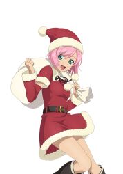  1girl artist_request black_boots boots breasts christmas cowboy_shot detached_sleeves dress estellise_sidos_heurassein estellise_sidos_heurassein_(holy_night_delivery_girl) fur-trimmed_dress fur-trimmed_headwear fur-trimmed_sleeves fur_trim game_asset green_eyes hat holding holding_sack looking_at_viewer official_alternate_costume official_art open_mouth pink_hair red_dress red_hat red_sleeves sack santa_costume santa_dress santa_hat short_hair simple_background smile solo tales_of_(series) tales_of_asteria tales_of_vesperia third-party_source transparent_background 