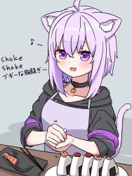  1girl absurdres ahoge animal_ear_fluff animal_ears apron black_collar black_hoodie blush cat_ears cat_girl cat_tail collar food highres hololive hood hoodie looking_at_viewer morotade_kudou nekomata_okayu nekomata_okayu_(1st_costume) onigiri open_mouth purple_apron purple_hair short_hair smile solo tail violet_eyes virtual_youtuber 