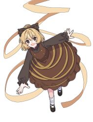  1girl absurdres black_shoes blonde_hair bow brown_bow brown_dress brown_eyes brown_shirt commentary_request dress full_body hair_bow hair_bun highres kurodani_yamame looking_at_viewer medium_hair nnn_lu one-hour_drawing_challenge open_mouth pinafore_dress shirt shoes simple_background sleeveless sleeveless_dress smile socks solo touhou white_background white_socks 