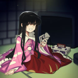  1girl black_hair boa_(brianoa) breasts collared_shirt commentary controller english_commentary frilled_shirt_collar frilled_skirt frills game_console game_controller grin highres holding holding_controller holding_game_controller houraisan_kaguya indoors long_hair long_skirt long_sleeves looking_at_viewer pink_shirt shirt sitting skirt small_breasts smile solo tatami touhou twitter_username very_long_hair wide_sleeves yellow_eyes 
