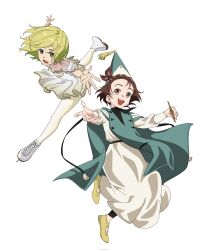  1oofor 2girls blonde_hair brown_eyes brown_hair child coco_(tongari_boushi_no_atelier) coco_(tongari_boushi_no_atelier)_(cosplay) commentary cosplay costume_switch english_commentary figure_skating fingernails hat highres holding holding_pen medalist_(manga) multiple_girls open_mouth pen qifrey's_atelier_apprentice_uniform short_hair simple_background tongari_boushi_no_atelier wizard_hat yellow_eyes yuitsuka_inori yuitsuka_inori_(cosplay) 