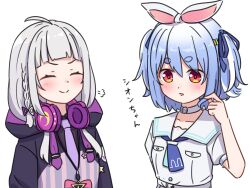  2girls alternate_hair_length_(shorter) animal_ears black_hoodie carrot_hair_ornament choker closed_eyes closed_mouth food-themed_hair_ornament hair_ornament headphones headphones_around_neck highres hololive hood hoodie looking_at_viewer low_twintails medium_hair morotade_kudou multiple_girls murasaki_shion murasaki_shion_(school_uniform) official_alternate_costume official_alternate_hairstyle open_mouth rabbit_ears rabbit_girl sailor_collar shirt short_eyebrows smile twintails usada_pekora usada_pekora_(casual) virtual_youtuber white_choker white_sailor_collar white_shirt 