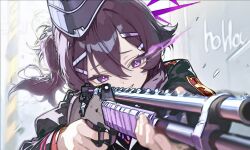  1girl aiming artist_name blue_archive commentary emblem facing_viewer finger_on_trigger flaming_eye garrison_cap gun hair_ornament hairclip halo haruka_(blue_archive) hat holding holding_gun holding_weapon lineart linedrawing_man looking_ahead parallel_hairclips pump_action purple_hair purple_halo shotgun smile solo violet_eyes weapon wolf_cut 